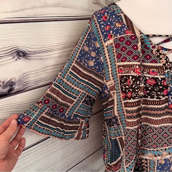 American Eagle Patchwork Patterned Lace Up Neckline Top - Picture 5 of 9